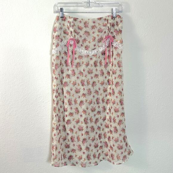 Free People For Love & Lemons Etienne Midi Skirt Small Cottage Coquette Dainty - Picture 8 of 15